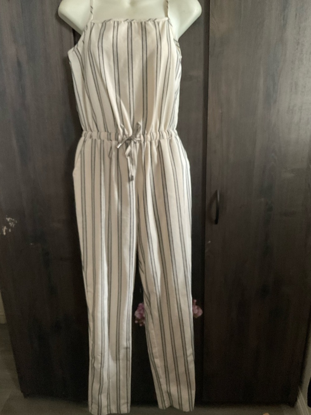 Striped Cream & Black Sleeveless Drawstring Jumpsuit